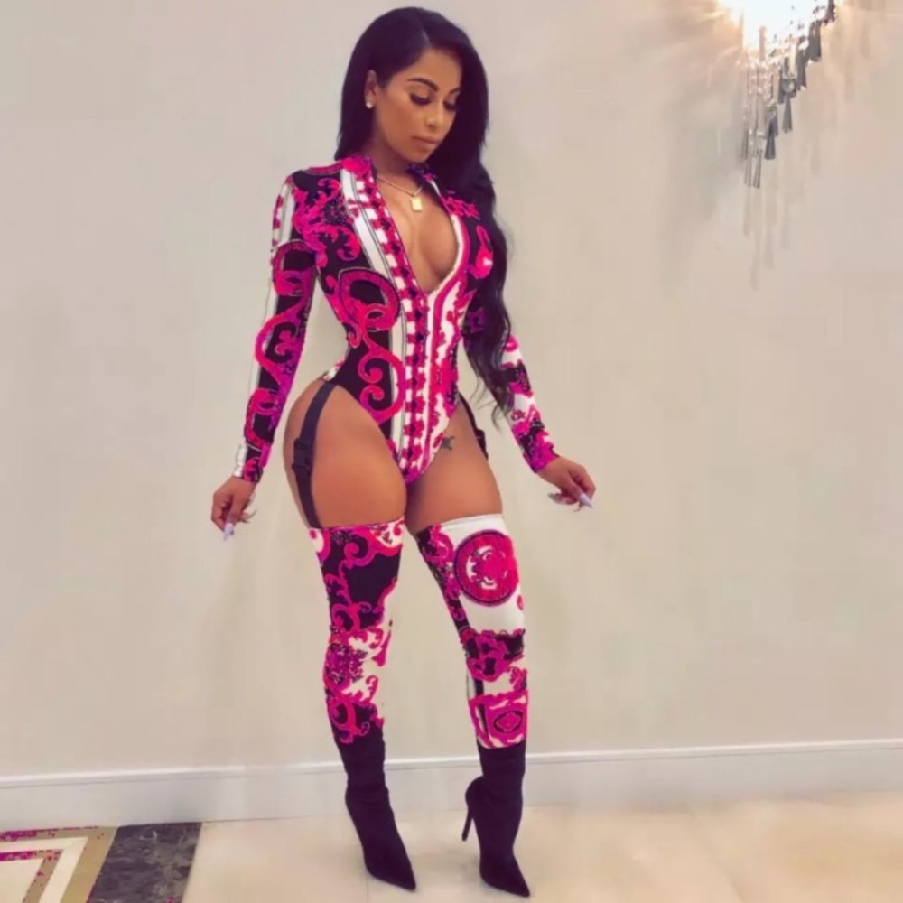 Women's Pink and Black Patterned Bodysuit